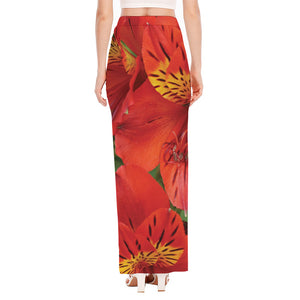 Red Alstroemeria Print High Slit Maxi Skirt