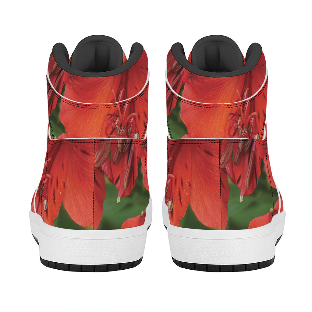 Red Alstroemeria Print High Top Leather Sneakers