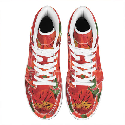 Red Alstroemeria Print High Top Leather Sneakers