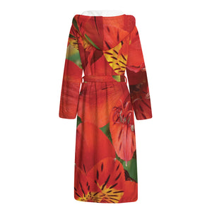 Red Alstroemeria Print Hooded Bathrobe