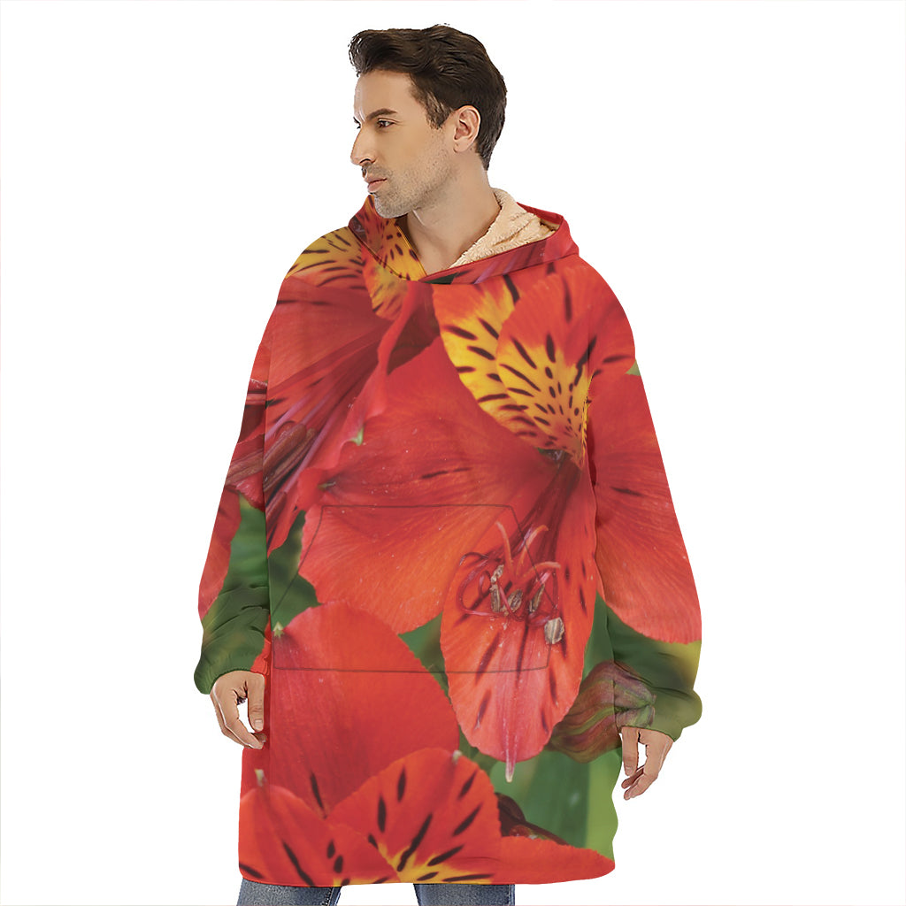 Red Alstroemeria Print Hoodie Blanket