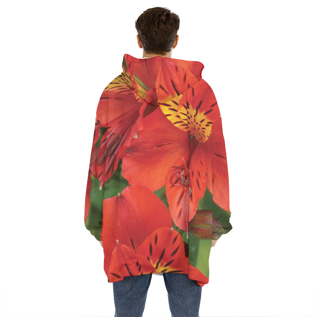 Red Alstroemeria Print Hoodie Blanket