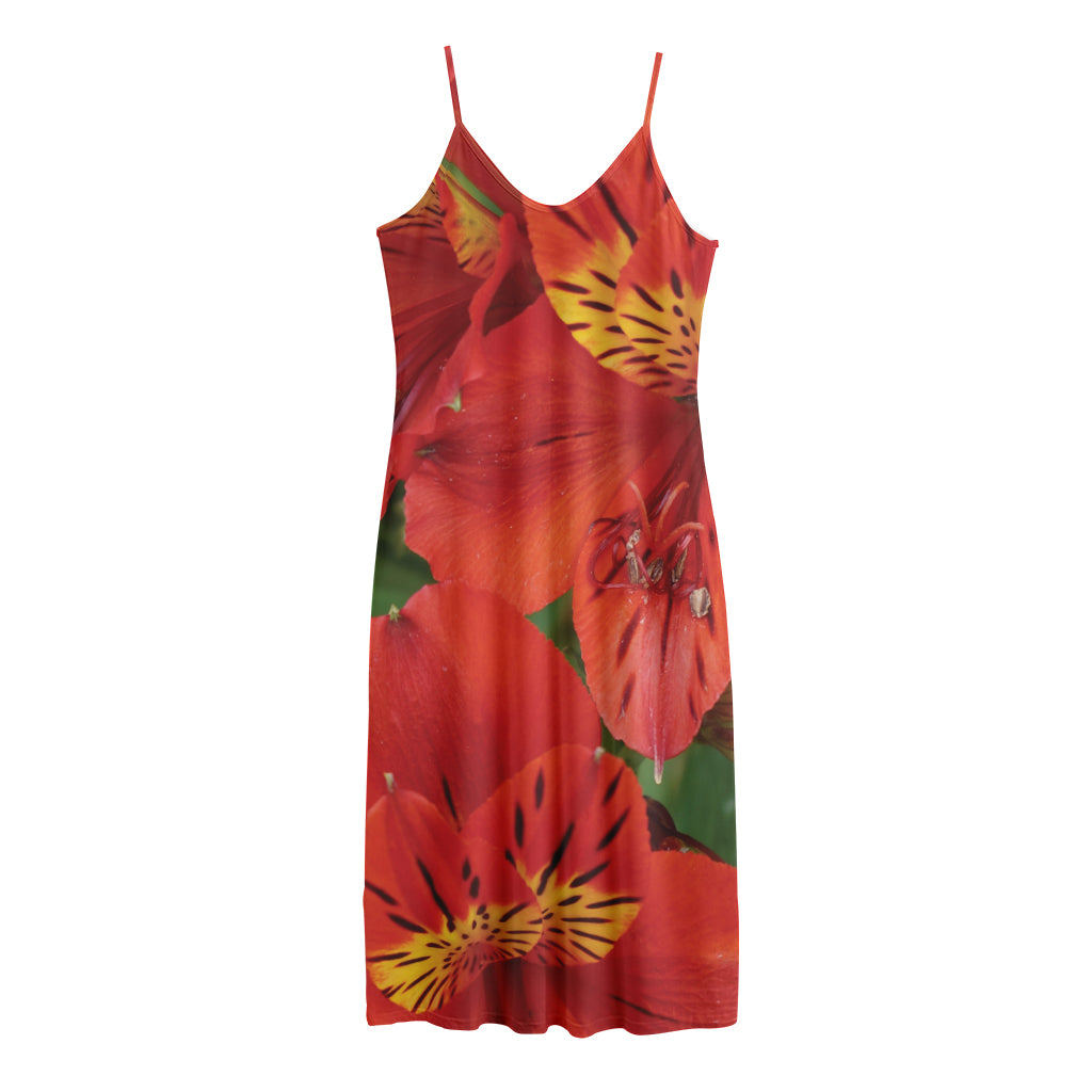 Red Alstroemeria Print Jersey Midi Cami Dress