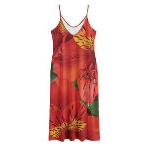 Red Alstroemeria Print Jersey Midi Cami Dress