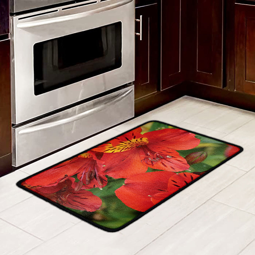 Red Alstroemeria Print Kitchen Mat