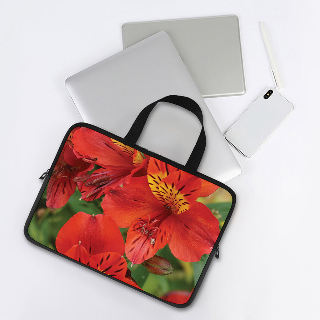 Red Alstroemeria Print Laptop Sleeve With Handle