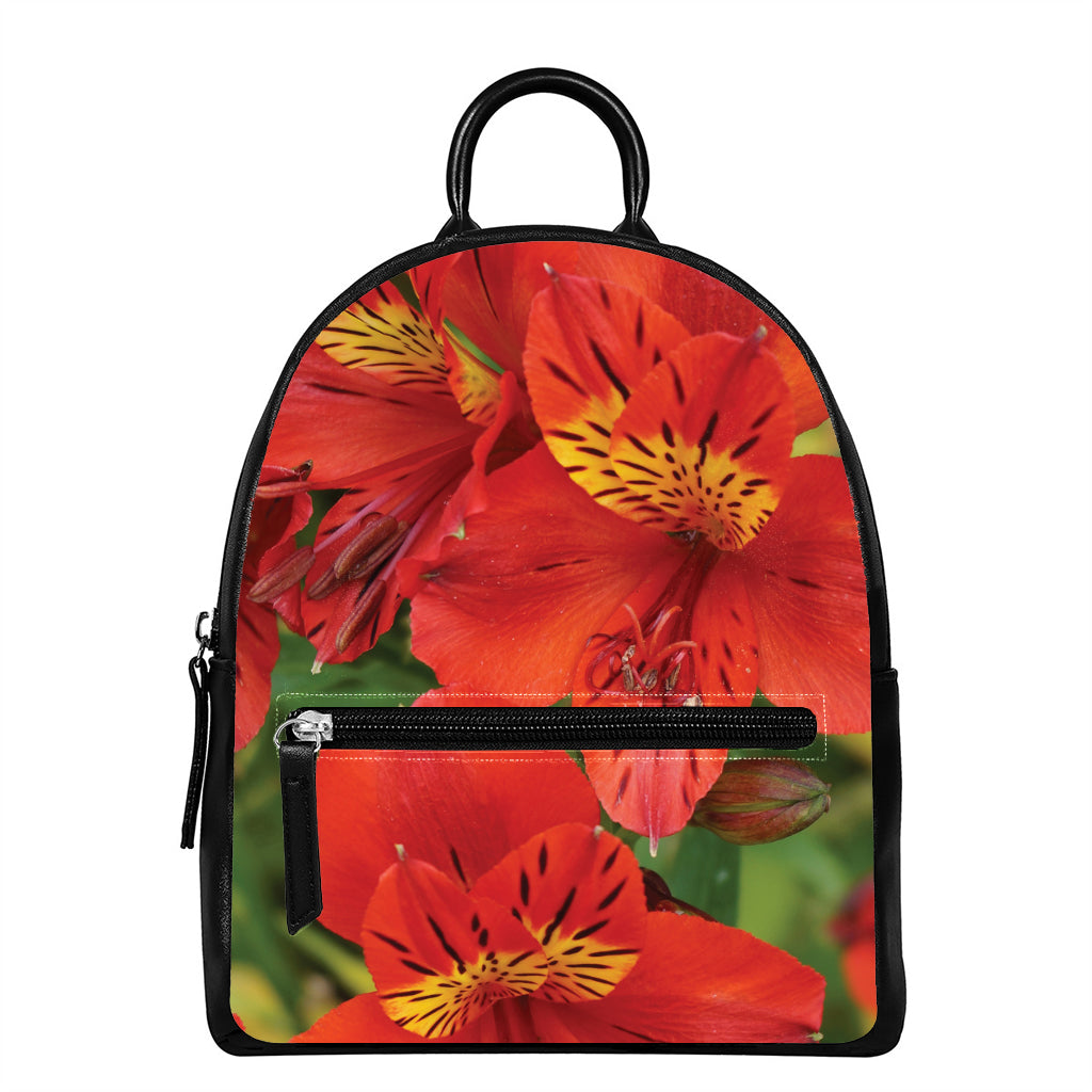 Red Alstroemeria Print Leather Backpack