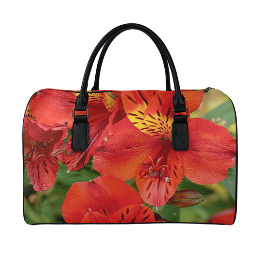 Red Alstroemeria Print Leather Duffle Bag