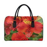 Red Alstroemeria Print Leather Duffle Bag