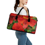 Red Alstroemeria Print Leather Duffle Bag