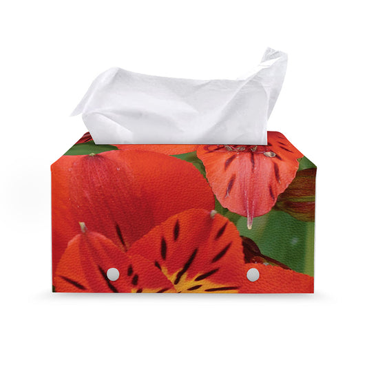 Red Alstroemeria Print Leather Tissue Box Cover