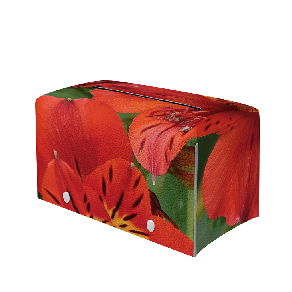 Red Alstroemeria Print Leather Tissue Box Cover