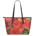 Red Alstroemeria Print Leather Tote Bag With Zipper