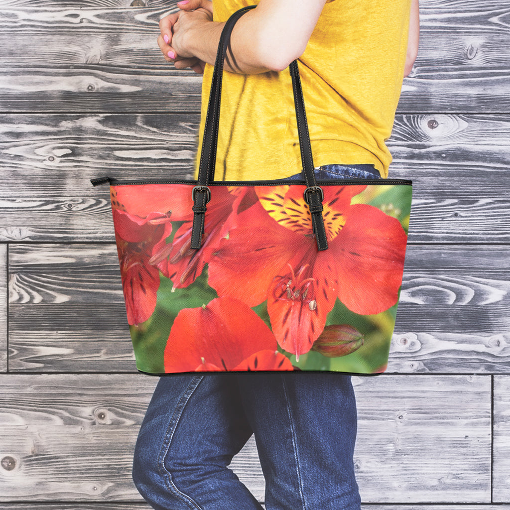 Red Alstroemeria Print Leather Tote Bag