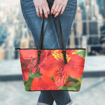 Red Alstroemeria Print Leather Tote Bag