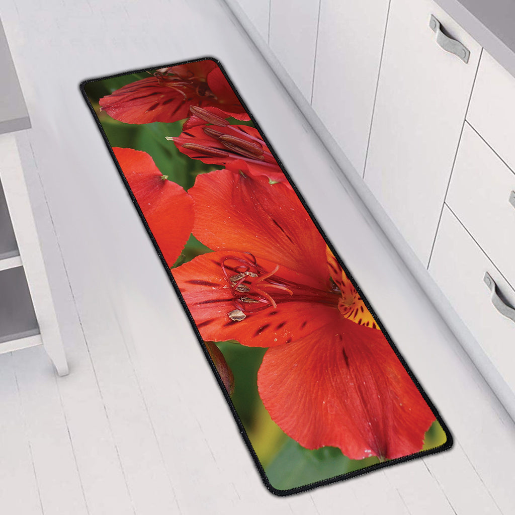 Red Alstroemeria Print Long Kitchen Mat