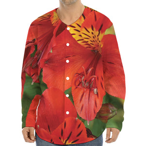 Red Alstroemeria Print Long Sleeve Baseball Jersey