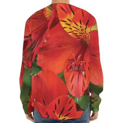 Red Alstroemeria Print Long Sleeve Baseball Jersey