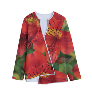 Red Alstroemeria Print Long Sleeve Short Coat