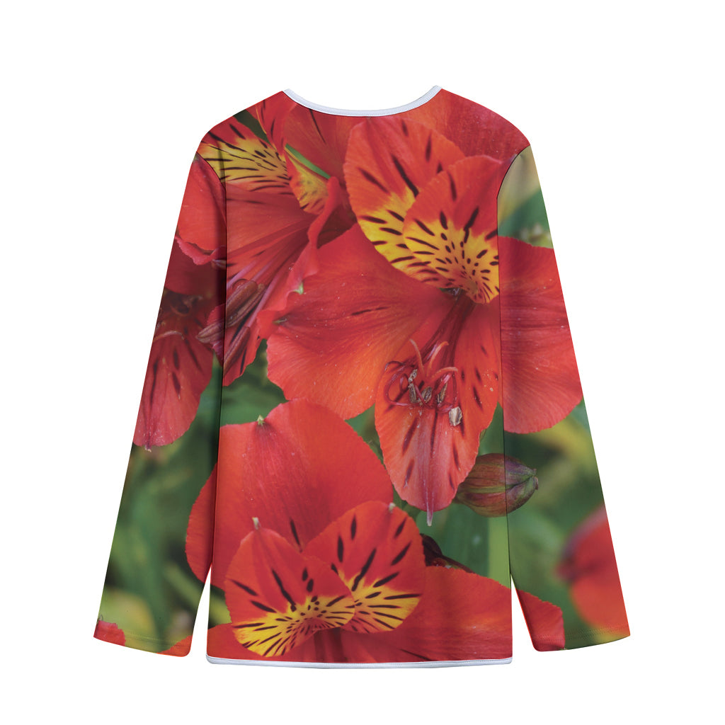 Red Alstroemeria Print Long Sleeve Short Coat