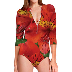 Red Alstroemeria Print Long Sleeve Swimsuit