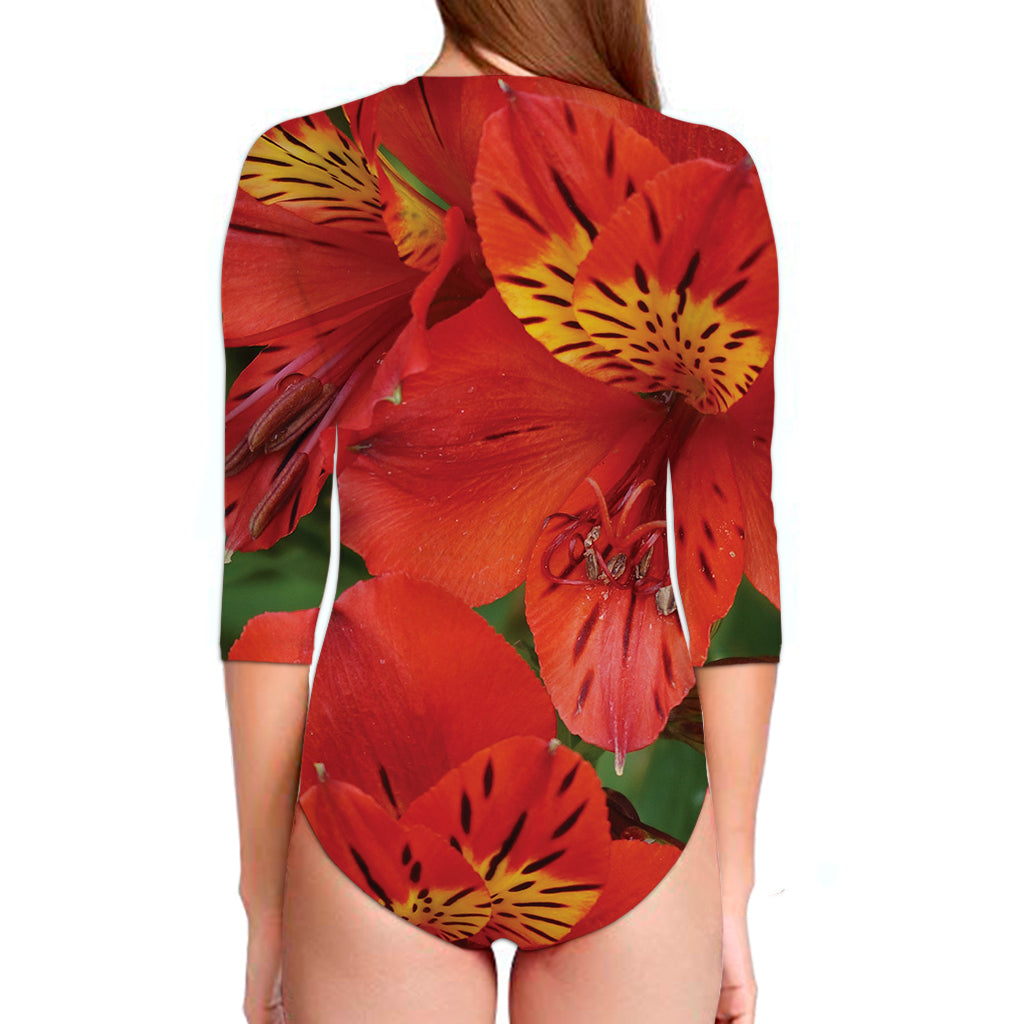 Red Alstroemeria Print Long Sleeve Swimsuit