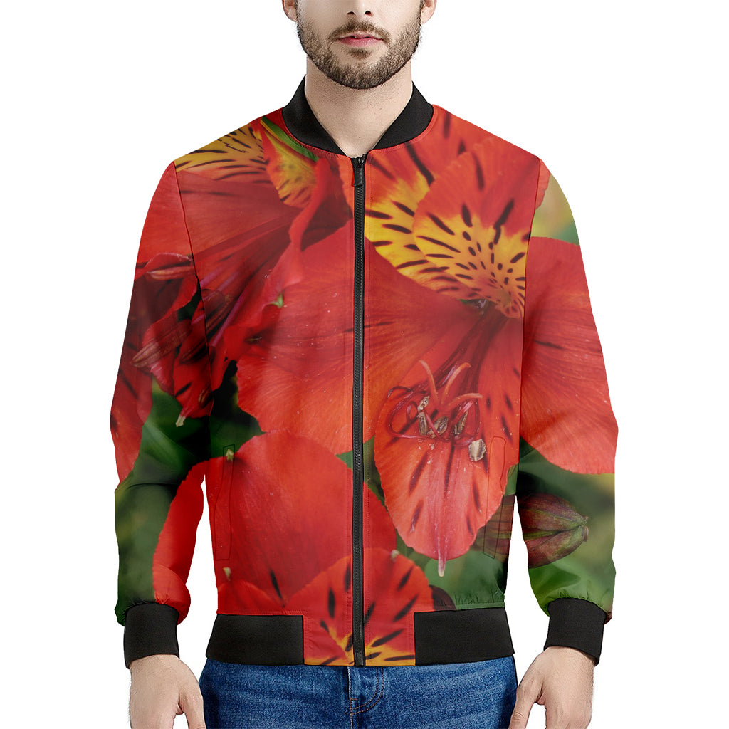 Red Alstroemeria Print Men's Bomber Jacket