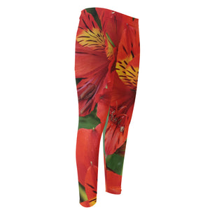 Red Alstroemeria Print Men's Compression Pants