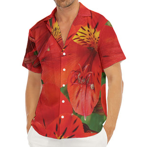 Red Alstroemeria Print Men's Deep V-Neck Shirt