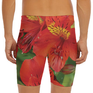 Red Alstroemeria Print Men's Long Boxer Briefs