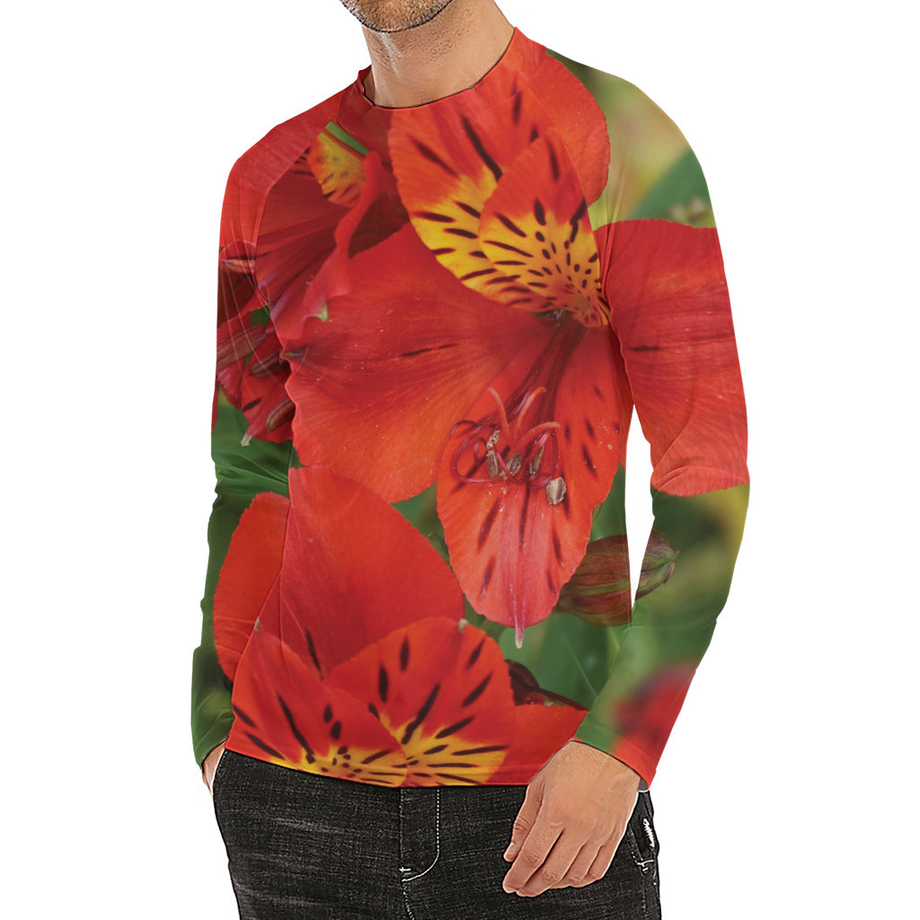 Red Alstroemeria Print Men's Long Sleeve Rash Guard