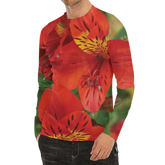 Red Alstroemeria Print Men's Long Sleeve Rash Guard