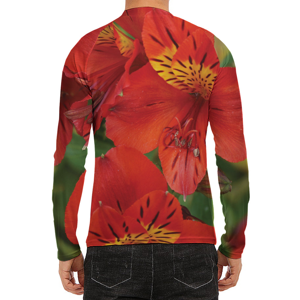 Red Alstroemeria Print Men's Long Sleeve Rash Guard