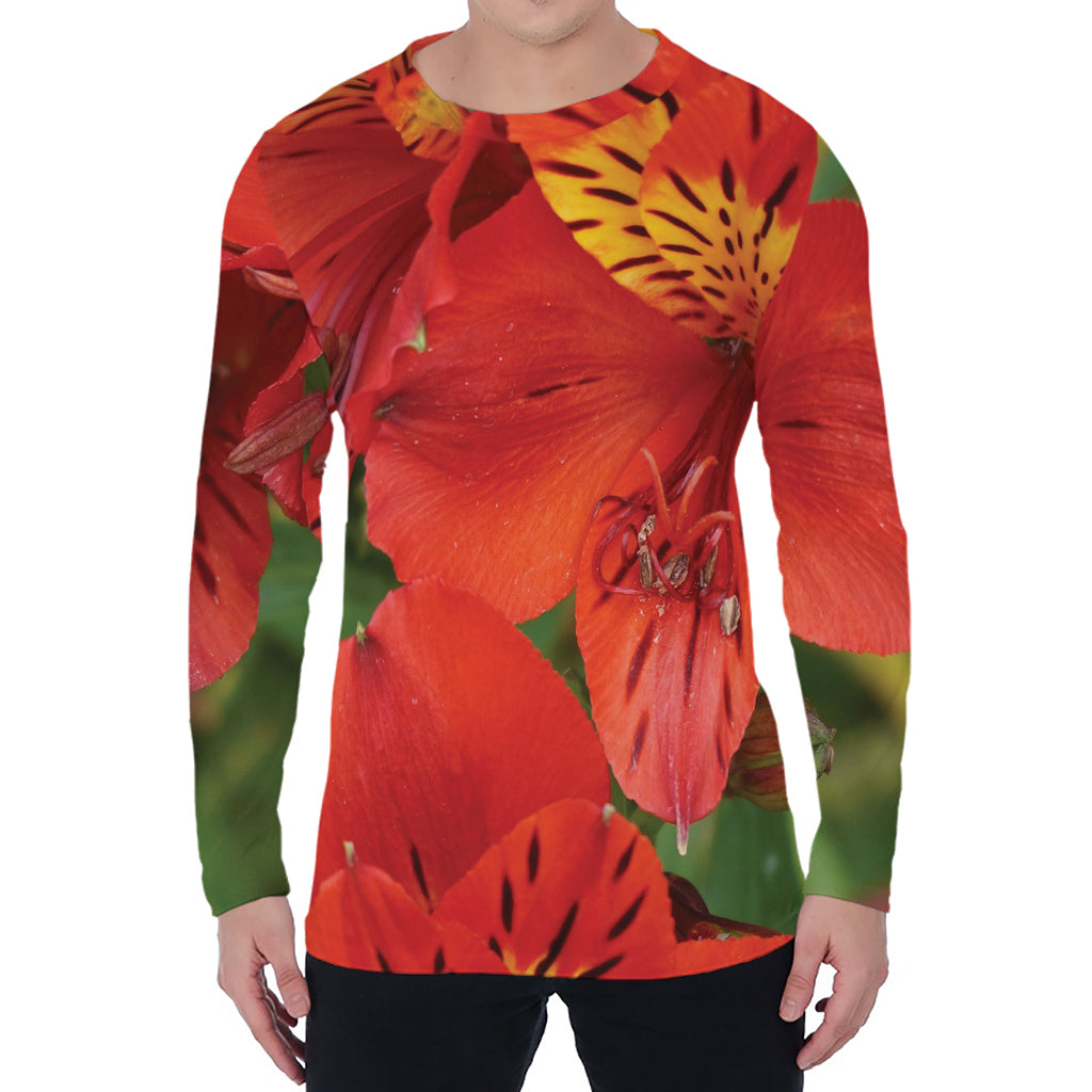 Red Alstroemeria Print Men's Long Sleeve T-Shirt