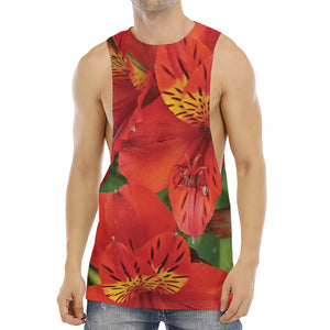 Red Alstroemeria Print Men's Muscle Tank Top