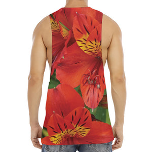 Red Alstroemeria Print Men's Muscle Tank Top