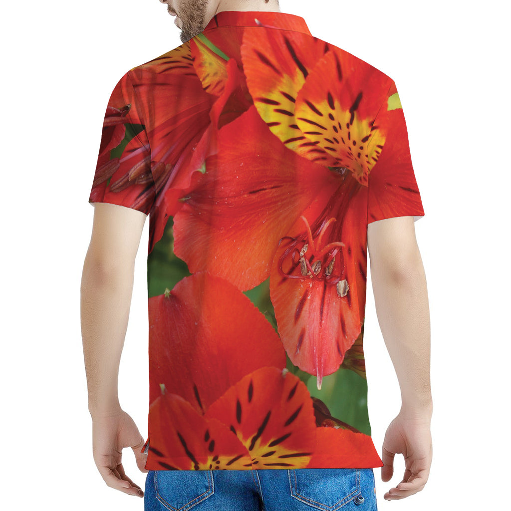 Red Alstroemeria Print Men's Polo Shirt