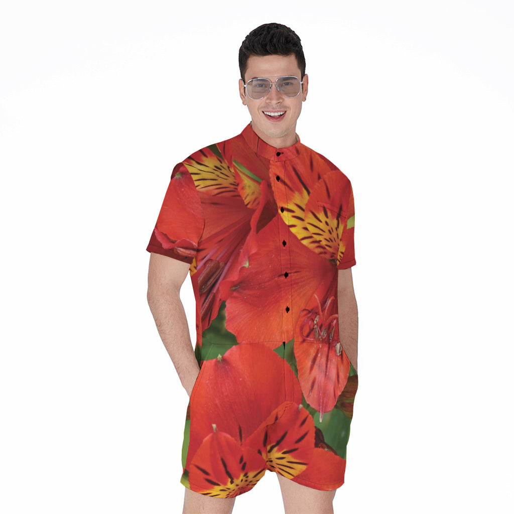 Red Alstroemeria Print Men's Rompers