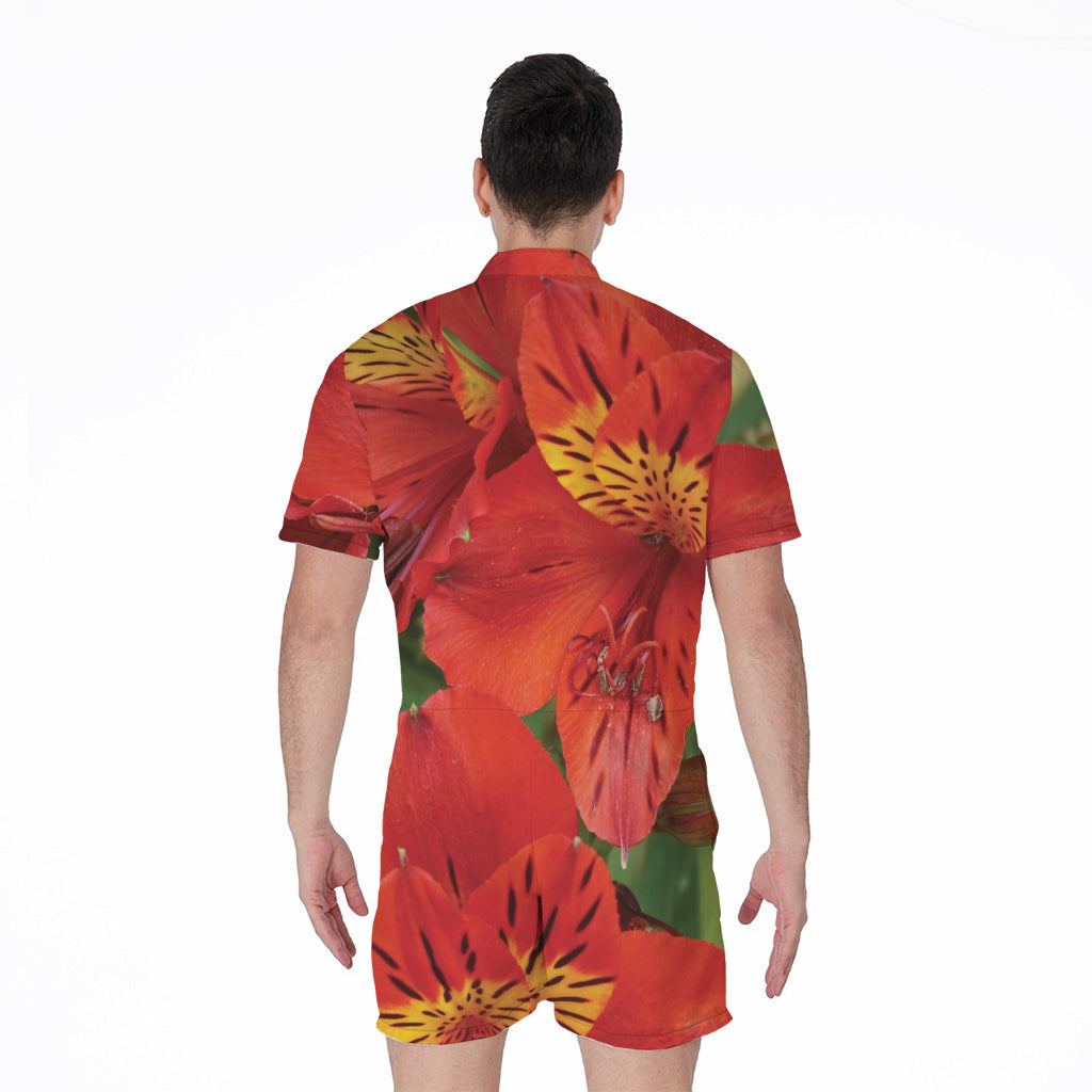Red Alstroemeria Print Men's Rompers