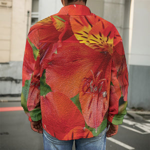 Red Alstroemeria Print Men's Shirt Jacket