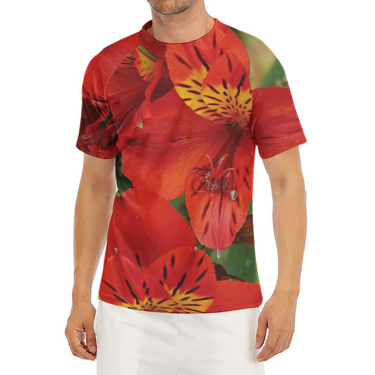 Red Alstroemeria Print Men's Short Sleeve Rash Guard