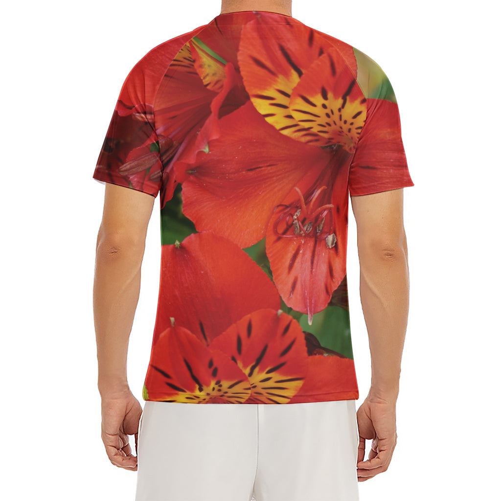 Red Alstroemeria Print Men's Short Sleeve Rash Guard