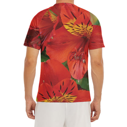 Red Alstroemeria Print Men's Short Sleeve Rash Guard