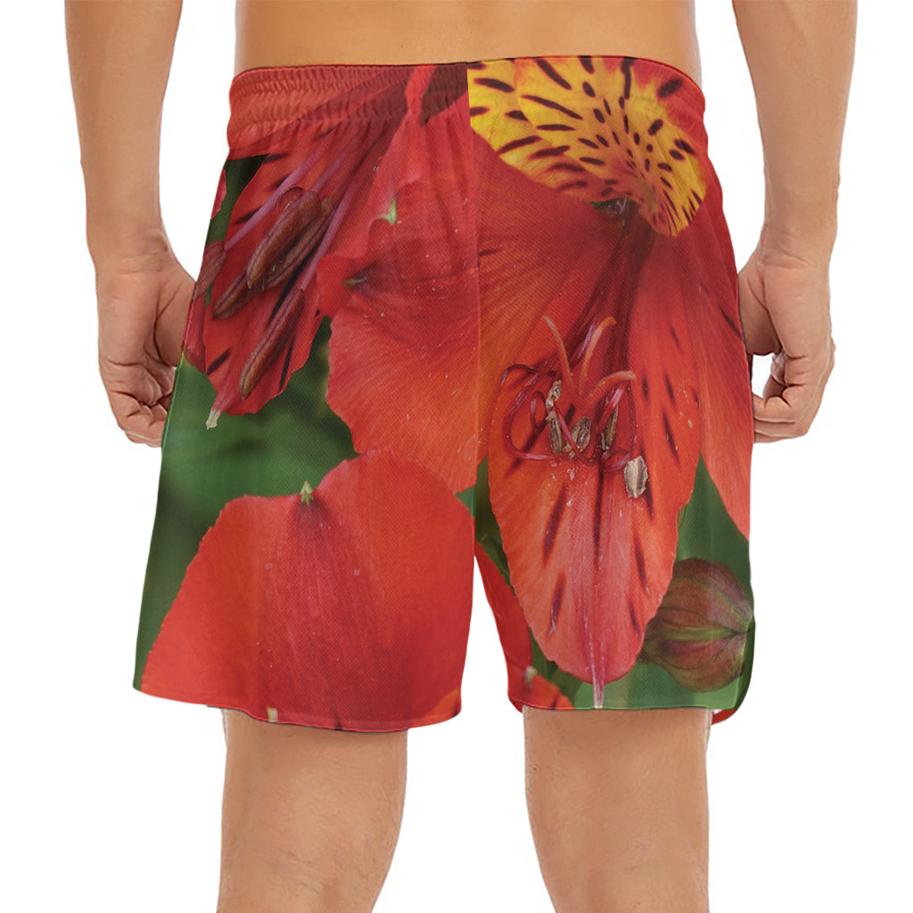 Red Alstroemeria Print Men's Split Running Shorts