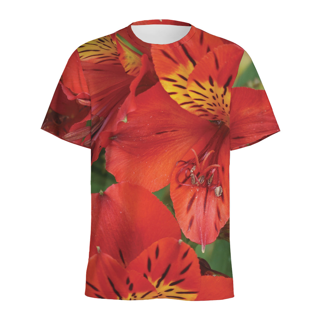 Red Alstroemeria Print Men's Sports T-Shirt