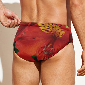 Red Alstroemeria Print Men's Swim Briefs