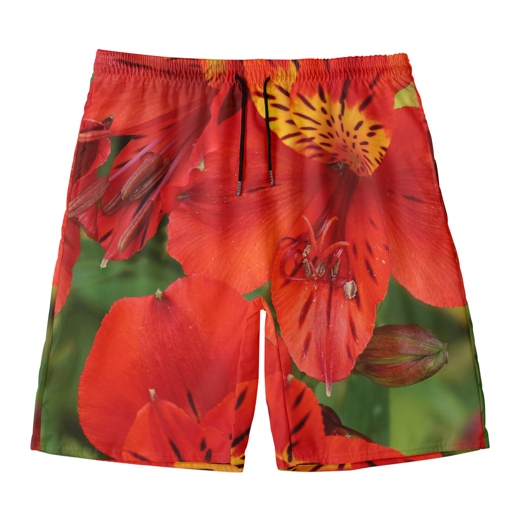 Red Alstroemeria Print Men's Swim Trunks