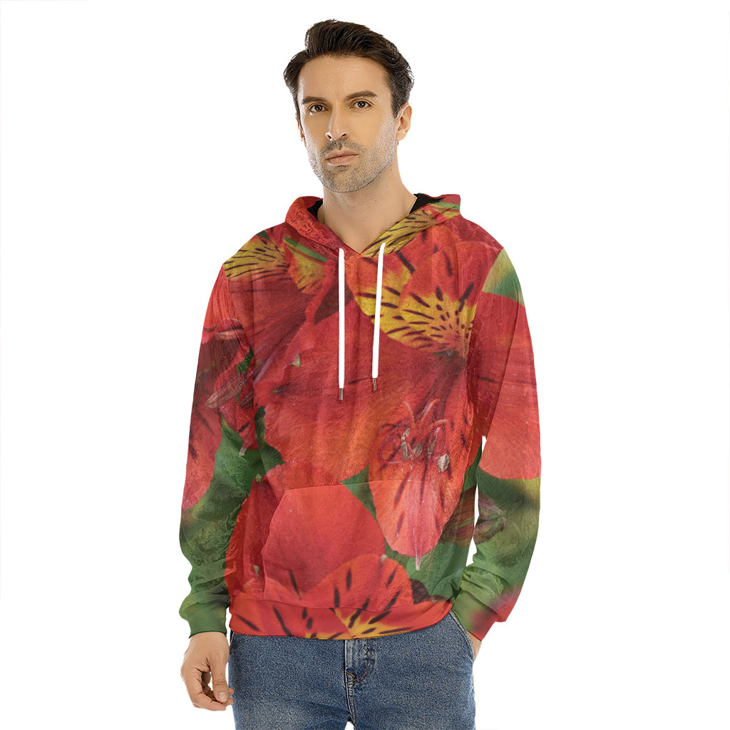 Red Alstroemeria Print Men's Velvet Pullover Hoodie