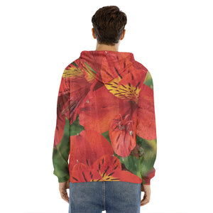 Red Alstroemeria Print Men's Velvet Pullover Hoodie