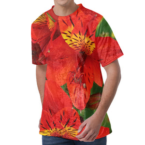 Red Alstroemeria Print Men's Velvet T-Shirt